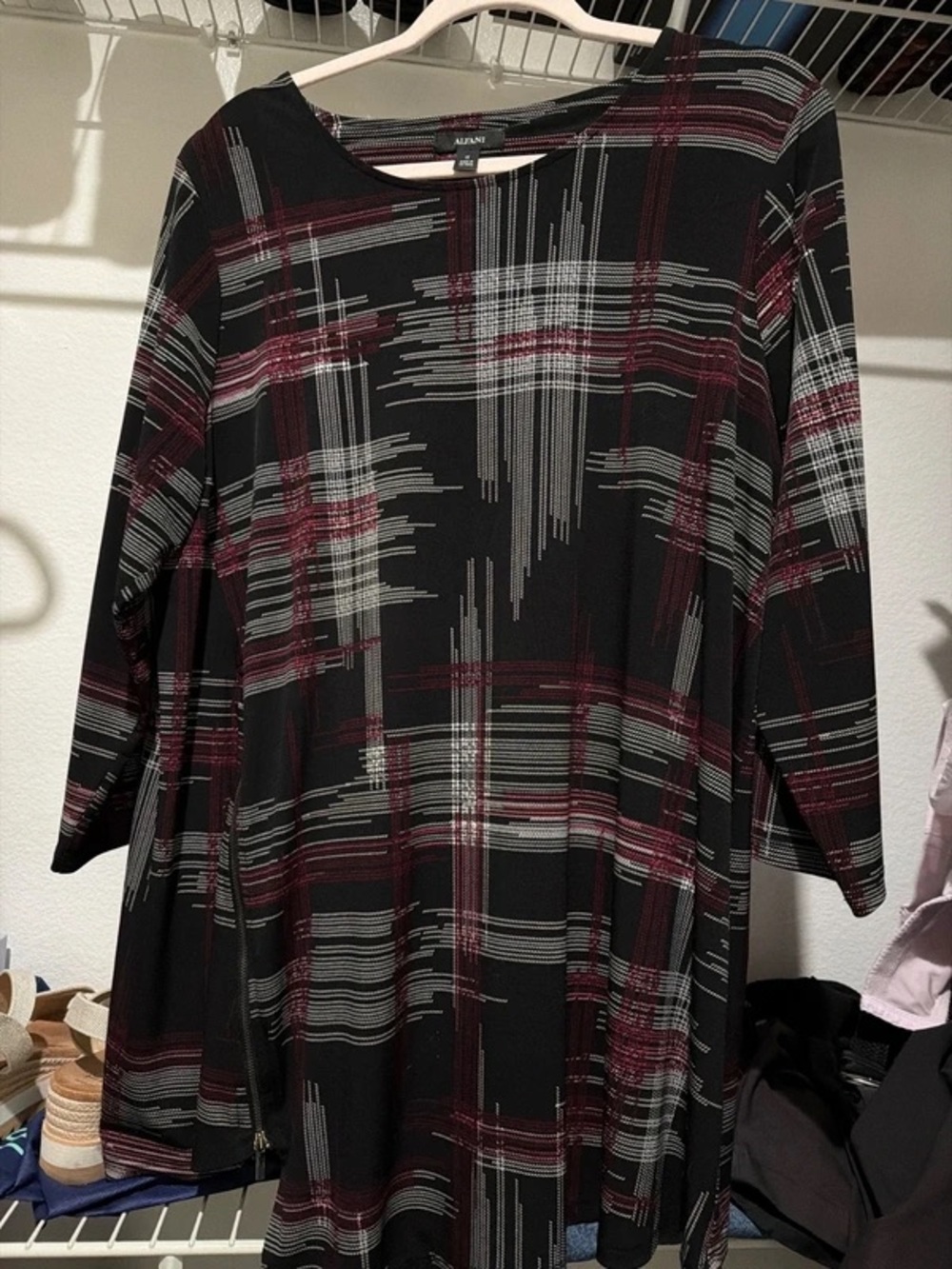 Alfani Black, Burgundy and Gray Plaid Top with Scoop Neck